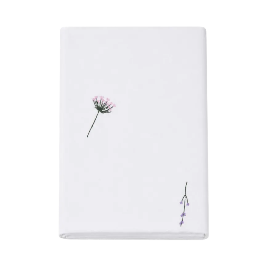 Dug m. Broderet Blomst i Hvid (140x270cm)