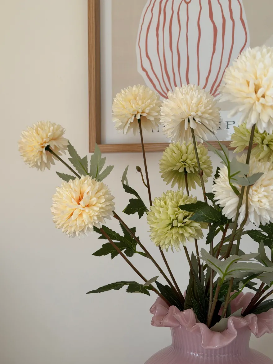 Evighedsbuket m. Krysantemum i Champagne, Hvid, Lysegrøn & Lyserød (H70cm)