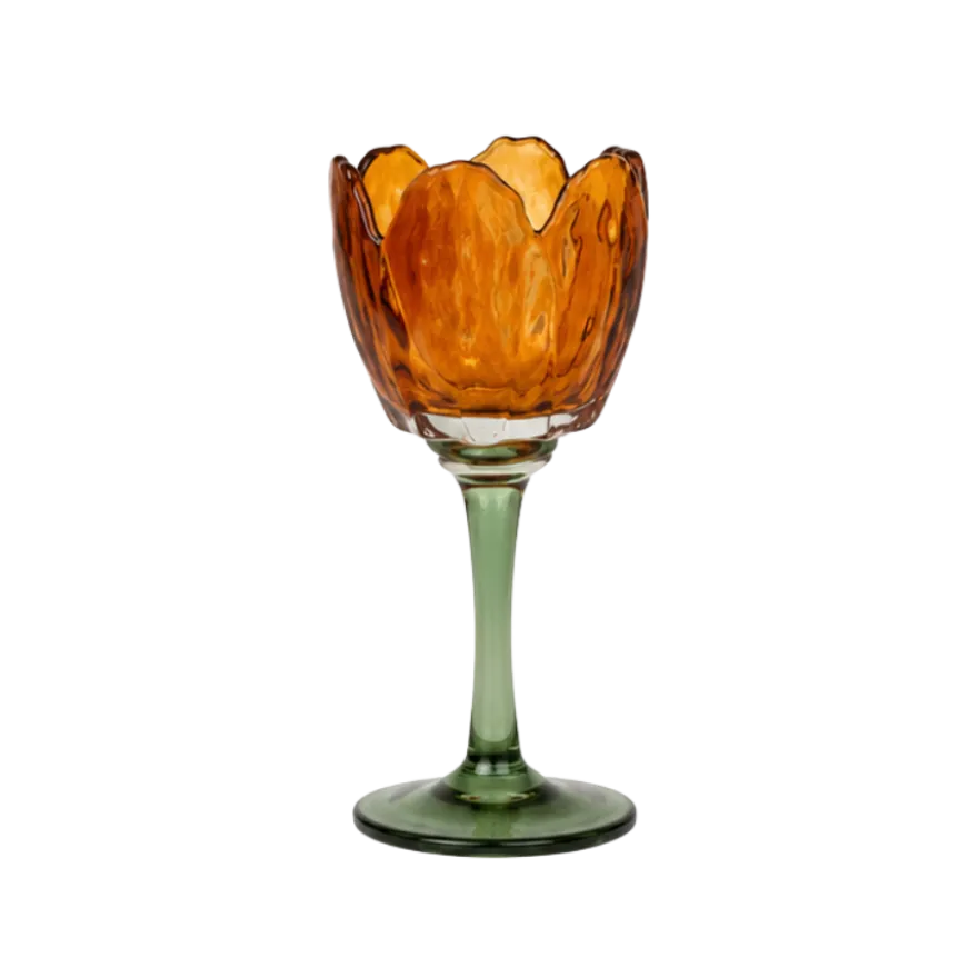 Fyrfadsstage Blomst Glas i Amber/Grøn (9x20,5cm)