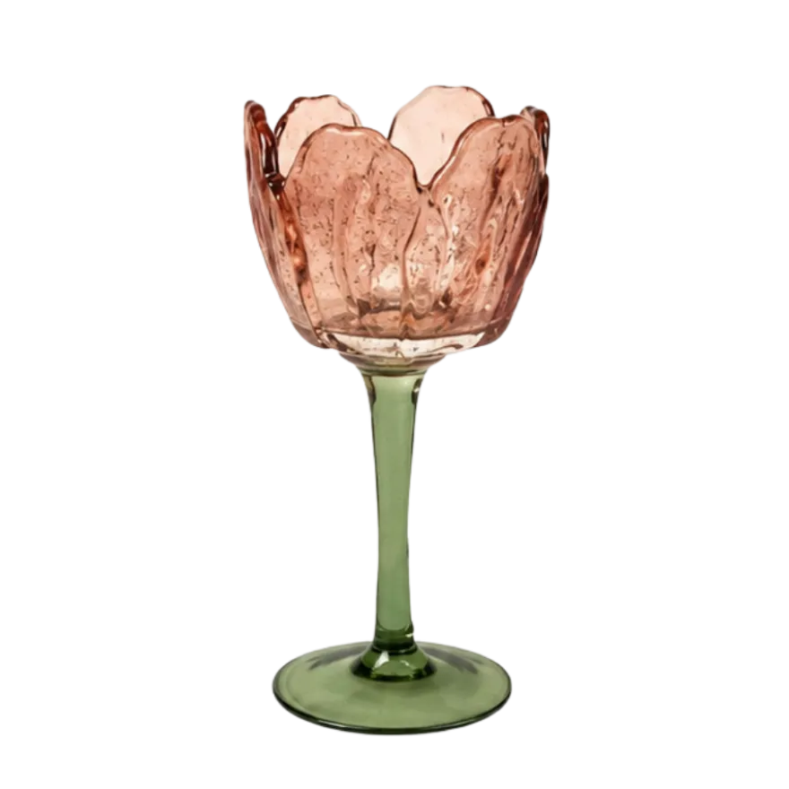 Fyrfadsstage Blomst Glas i Rosa/Grøn 9x24cm